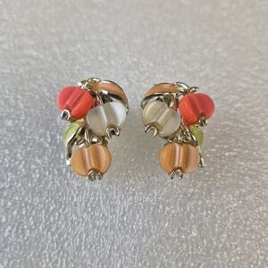 Vintage Multicolor Bead Cluster Clip On Earrings Gold Tone Retro Jewelry